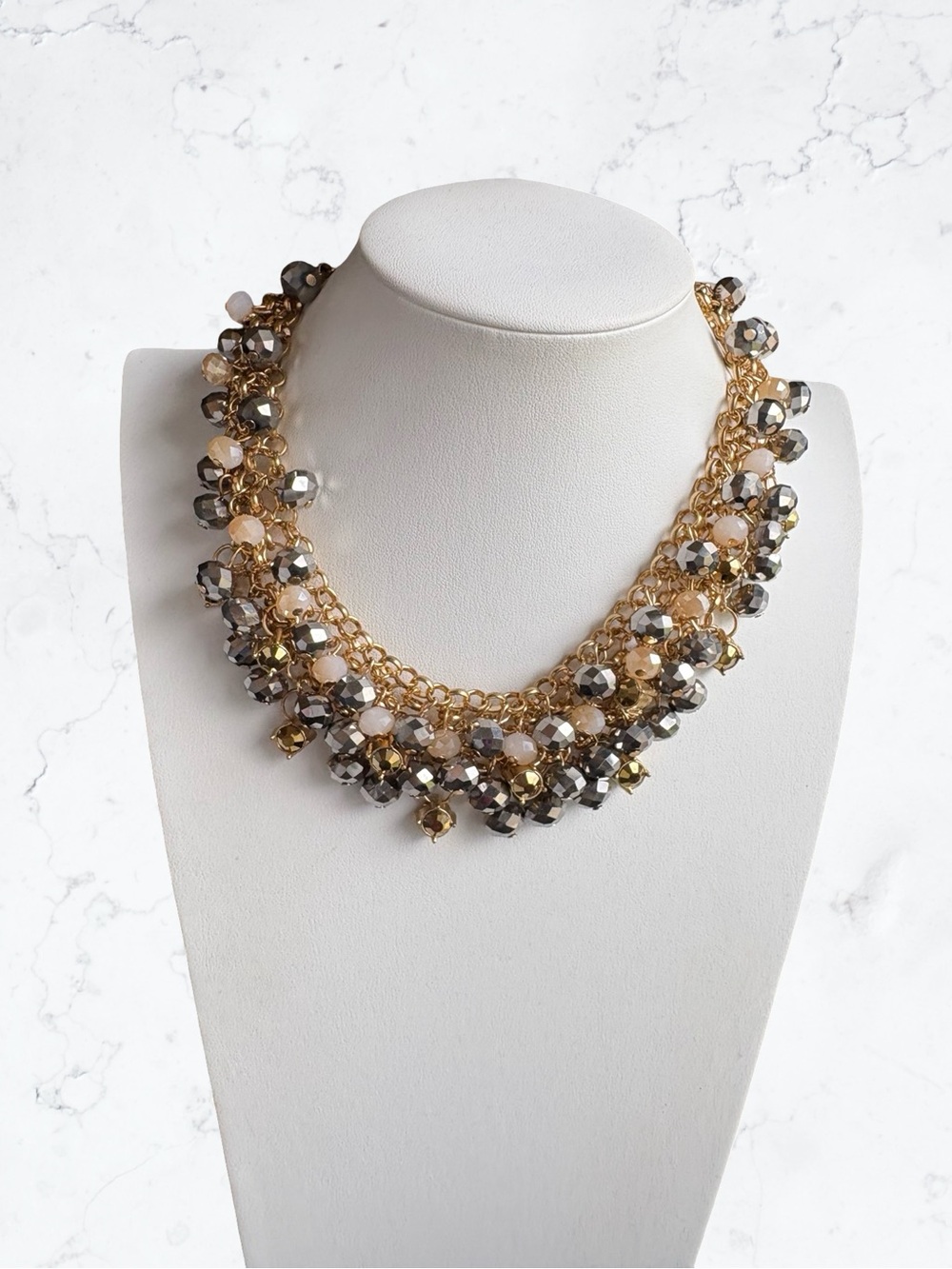 Express Gold-Tone Multi Bead Cluster Necklace with Silver and Cream Accents